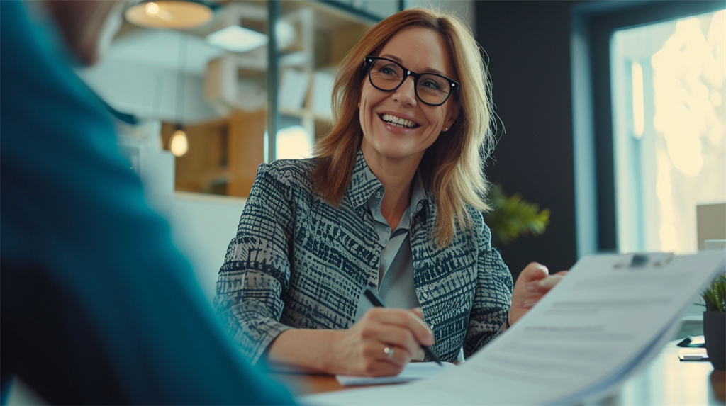 Conseiller immobilier qui conseille une cliente lors d'un rendez-vous